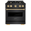 ZLINE 5-Piece Appliance Package - 30-Inch Autograph Edition Gas Range, Wall Mount Range Hood, 36-Inch French Door Refrigerator with Water Dispenser, Dishwasher, and 30-Inch Microwave Drawer in Black Stainless Steel with Gold Accents