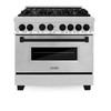 ZLINE 5-Piece Appliance Package - 36-Inch Legacy Autograph Dual Fuel Range, Wall Mount Range Hood, 36-Inch French Door Refrigerator, Dishwasher, and 24-Inch Microwave Drawer in Stainless Steel with Matte Black Accents