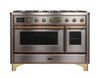 ILVE 48 Inch Majestic II Series Freestanding Dual Fuel Double Oven Range with 8 Sealed Burners, Triple Glass Cool Door, Convection Oven (UM12FDNS)