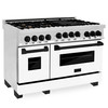 ZLINE Autograph Edition 4-Piece Appliance Package - 48-Inch Stainless Steel Gas Range, Refrigerator with Water Dispenser, Wall Mounted Range Hood, & 24-Inch Tall Tub Dishwasher in White Matte and Matte Black Accents (4AKPR-SGRWMRHDWM48-MB)