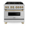 ZLINE Autograph Edition 4-Piece Appliance Package - 36-Inch Dual Fuel Range, Refrigerator, Wall Mounted Range Hood, and 24-Inch Tall Tub Dishwasher in Stainless Steel with Champagne Bronze Trim (4KAPR-RARHDWM36-CB)