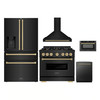 ZLINE 5-Piece Appliance Package - 36-Inch Dual Fuel Range, Hood, Refrigerator with Water Dispenser, Dishwasher, and Microwave Drawer in Black Stainless Steel with Champagne Bronze Accents