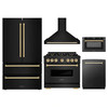 ZLINE 5-Piece Appliance Package - 36-Inch Dual Fuel Range, Hood, Refrigerator, Dishwasher, and Microwave Drawer in Black Stainless Steel with Gold Accents