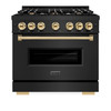 ZLINE 5-Piece Appliance Package - 36-Inch Dual Fuel Range, Hood, Refrigerator, Dishwasher, and Microwave Drawer in Black Stainless Steel with Gold Accents