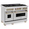 ZLINE Autograph Edition 4-Piece Appliance Package - 48-Inch Dual Fuel Range, Refrigerator with Water Dispenser, Wall Mounted Range Hood, & 24-Inch Tall Tub Dishwasher in Stainless Steel with Champagne Bronze Trim (4AKPR-RARHDWM48-CB)