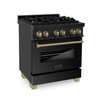 ZLINE Autograph Edition 4-Piece Appliance Package - 30-Inch Dual Fuel Range, Refrigerator with Water Dispenser, Wall Mounted Range Hood, & 24-Inch Tall Tub Dishwasher in Black Stainless Steel with Champagne Bronze Trim (4KAPR-RABRHDWV30-CB)