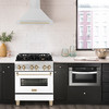ZLINE 5-Piece Appliance Package - 36-Inch Gas Range, Hood, Refrigerator with Water Dispenser, Dishwasher, and Microwave Drawer in Stainless Steel with Gold Accents