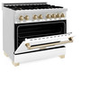 ZLINE Autograph Edition 2-Piece Appliance Package - 36-Inch Dual Fuel Range & Wall Mounted Range Hood in Stainless Steel and White Door with Gold Trim (2AKP-RAWMRH36-G)