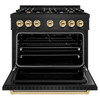 ZLINE 5-Piece Appliance Package - 36-Inch Dual Fuel Range, Hood, Refrigerator with Water Dispenser, Dishwasher, and Microwave Drawer in Black Stainless Steel with Gold Accents