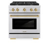 ZLINE Autograph Edition 4-Piece Appliance Package - 30-Inch Gas Range, Refrigerator, Wall Mounted Range Hood, & 24-Inch Tall Tub Dishwasher in Stainless Steel with Champagne Bronze Trim (4KAPR-SGRRHDWM30-CB)