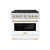 ZLINE Autograph Edition 36-Inch 5.2 cu. ft. Paramount Gas Range with 6 Burner DuoPro™ Cooktop and Convection Gas Oven with White Matte Door and Polished Gold Accents (PSGRZ-WM-36-G)