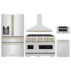 ZLINE 5-Piece Appliance Package - 48-Inch Dual Fuel Range, Hood, Refrigerator with Water Dispenser, Dishwasher, and Microwave Drawer in Stainless Steel with Champagne Bronze Accents