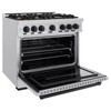 ZLINE 5-Piece Appliance Package - 36-Inch Gas Range, Hood, Refrigerator, Dishwasher, and Microwave Drawer in Stainless Steel with Matte Black Accents