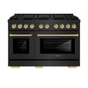 ZLINE Autograph Edition 4-Piece Appliance Package - 48-Inch Gas Range, Refrigerator, Wall Mounted Range Hood, & 24-Inch Tall Tub Dishwasher in Black Stainless Steel with Champagne Bronze Trim (4AKPR-SGRBRHDWV48-CB)