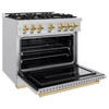 ZLINE 5-Piece Appliance Package - 36-Inch Dual Fuel Range, Hood, Refrigerator, Dishwasher, and Microwave Drawer in Stainless Steel with Gold Accents