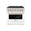 ZLINE Autograph Edition 36-Inch 5.2 cu. ft. Paramount Dual Fuel Range with 6 Burner DuoPro™ Cooktop and Electric Convection Oven in Satin Stainless Steel with White Matte Door and Polished Gold Accents (PSDRSZ-WM-36-G)