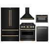 ZLINE 5-Piece Appliance Package - 30-Inch Gas Range, Hood, Refrigerator, Dishwasher, and Microwave Drawer in Black Stainless Steel with Gold Accents