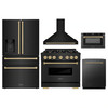 ZLINE 5-Piece Appliance Package - 36-Inch Gas Range, Hood, Refrigerator with Water Dispenser, Dishwasher, and Microwave Drawer in Black Stainless Steel with Champagne Bronze Accents