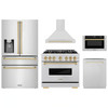 ZLINE 5-Piece Appliance Package - 36-Inch Dual Fuel Range, Hood, Refrigerator with Water Dispenser, Dishwasher, and Microwave Drawer in Stainless Steel with Gold Accents