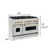 ZLINE Autograph Edition 4-Piece Appliance Package - 48-Inch Dual Fuel Range, Refrigerator with Water Dispenser, Wall Mounted Range Hood, & 24-Inch Tall Tub Dishwasher in Stainless Steel with Gold Trim (4AKPR-RARHDWM48-G)