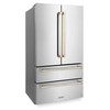 ZLINE Autograph Edition 4-Piece Appliance Package - 36-Inch Dual Fuel Range, Refrigerator, Wall Mounted Range Hood, & 24-Inch Tall Tub Dishwasher in Stainless Steel with Gold Trim (4KAPR-RARHDWM36-G)
