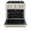 ZLINE 5-Piece Appliance Package - 30-Inch Dual Fuel Range, Hood, Refrigerator with Water Dispenser, Dishwasher, and Microwave Drawer in Stainless Steel with Gold Accents