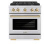 ZLINE Autograph Edition 4-Piece Appliance Package - 30-Inch Gas Range, Refrigerator with Water Dispenser, Wall Mounted Range Hood, & 24-Inch Tall Tub Dishwasher in Stainless Steel with Gold Trim (4AKPR-SGRRHDWM30-G)