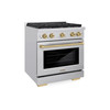 ZLINE Autograph Edition 4-Piece Appliance Package - 30-Inch Gas Range, Refrigerator with Water Dispenser, Wall Mounted Range Hood, & 24-Inch Tall Tub Dishwasher in Stainless Steel with Champagne Bronze Trim (4AKPR-SGRRHDWM30-CB)
