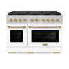 ZLINE Autograph Edition 48-Inch 6.7 cu. ft. Paramount Gas Range with 8 Burner DuoPro™ Cooktop and Dual Ovens in Satin Stainless Steel with White Matte Doors and Champagne Bronze Accents (PSGRSZ-WM-48-CB)