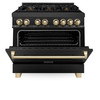 ZLINE Autograph Edition 4-Piece Appliance Package - 36-Inch Dual Fuel Range, Refrigerator with Water Dispenser, Wall Mounted Range Hood, and 24-Inch Tall Tub Dishwasher in Black Stainless Steel with Gold Trim (4KAPR-RABRHDWV36-G)