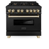 ZLINE Autograph Edition 4-Piece Appliance Package - 36-Inch Dual Fuel Range, Refrigerator with Water Dispenser, Wall Mounted Range Hood, and 24-Inch Tall Tub Dishwasher in Black Stainless Steel with Gold Trim (4KAPR-RABRHDWV36-G)