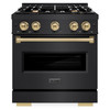 ZLINE 5-Piece Appliance Package - 30-Inch Dual Fuel Range, Hood, Refrigerator, Dishwasher, and Microwave Drawer in Black Stainless Steel with Champagne Bronze Accents