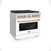 ZLINE Autograph Edition 3-Piece Appliance Package - 36-Inch Gas Range, Wall Mounted Range Hood, & 24-Inch Tall Tub Dishwasher in Stainless Steel and White Door with Champagne Bronze Trim (3AKP-SGRWMRHDWM36-CB)