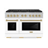 ZLINE 48-Inch Autograph Edition Kitchen Package with Satin Stainless Steel Gas Range, Wall Mount Range Hood and Dishwasher in White Matte and Champagne Bronze Accents (3AKPR-SGRSWMRHDWM48-CB)
