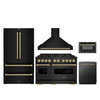 ZLINE 5-Piece Appliance Package - 48-Inch Gas Range, Hood, Refrigerator, Dishwasher, and Microwave Drawer in Black Stainless Steel with Champagne Bronze Accents