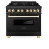 ZLINE Autograph Edition 4-Piece Appliance Package - 36-Inch Dual Fuel Range, Refrigerator, Wall Mounted Range Hood, and 24-Inch Tall Tub Dishwasher in Black Stainless Steel with Gold Trim (4AKPR-RABRHDWV36-G)
