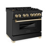 ZLINE Autograph Edition 4-Piece Appliance Package - 36-Inch Dual Fuel Range, Refrigerator, Wall Mounted Range Hood, and 24-Inch Tall Tub Dishwasher in Black Stainless Steel with Gold Trim (4AKPR-RABRHDWV36-G)