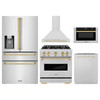 ZLINE 5-Piece Appliance Package - 30-Inch Gas Range, Hood, Refrigerator with Water Dispenser, Dishwasher, and Microwave Drawer in Stainless Steel with Gold Accents
