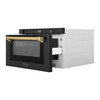 ZLINE 5-Piece Appliance Package - 36-Inch Gas Range, Hood, Refrigerator with Water Dispenser, Dishwasher, and Microwave Drawer in Black Stainless Steel with Gold Accents