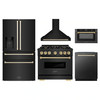 ZLINE 5-Piece Appliance Package - 36-Inch Gas Range, Hood, Refrigerator with Water Dispenser, Dishwasher, and Microwave Drawer in Black Stainless Steel with Gold Accents