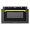 ZLINE 5-Piece Appliance Package - 36-Inch Gas Range, Hood, Refrigerator with Water Dispenser, Dishwasher, and Microwave Drawer in Black Stainless Steel with Gold Accents