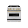 ZLINE 5-Piece Appliance Package - 30-Inch Gas Range, Hood, Refrigerator, Dishwasher, and Microwave Drawer in Stainless Steel with Champagne Bronze Accents
