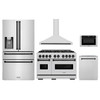 ZLINE 5-Piece Appliance Package - 48-Inch Gas Range, Hood, Refrigerator with Water Dispenser, Dishwasher, and Microwave Drawer in Stainless Steel with Matte Black Accents
