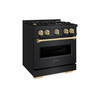 ZLINE 5-Piece Appliance Package - 30-Inch Gas Range, Hood, Refrigerator with Water Dispenser, Dishwasher, and Microwave Drawer in Black Stainless Steel with Champagne Bronze Accents