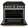 ZLINE Autograph Edition 4-Piece Appliance Package - 36-Inch Gas Range, Refrigerator, Wall Mounted Range Hood, & 24-Inch Tall Tub Dishwasher in Black Stainless Steel with Gold Trim (4AKPR-SGRBRHDWV36-G)