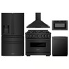 ZLINE 5-Piece Appliance Package - 36-Inch Gas Range, Hood, Refrigerator with Water Dispenser, Dishwasher, and Microwave Drawer in Black Stainless Steel