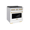 ZLINE Autograph Edition 3-Piece Appliance Package - 30-Inch Gas Range, Wall Mounted Range Hood, & 24-Inch Tall Tub Dishwasher in Stainless Steel and White Door with Gold Trim (3AKP-SGRWMRHDWM30-G)
