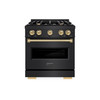 ZLINE 5-Piece Appliance Package - 30-Inch Gas Range, Hood, Refrigerator, Dishwasher, and Microwave Drawer in Black Stainless Steel with Champagne Bronze Accents