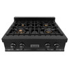 ZLINE 5-Piece Appliance Package - 30-Inch Rangetop with Brass Burners, Refrigerator, 30-Inch Electric Double Wall Oven, 3-Rack Dishwasher, and Convertible Wall Mount Hood in Black Stainless Steel (5KPR-RTBRH30-AWDDWV)