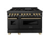 ZLINE Autograph Edition 4-Piece Appliance Package - 48-Inch Dual Fuel Range, Refrigerator with Water Dispenser, Wall Mounted Range Hood, & 24-Inch Tall Tub Dishwasher in Black Stainless Steel with Champagne Bronze Trim (4KAPR-RABRHDWV48-CB)
